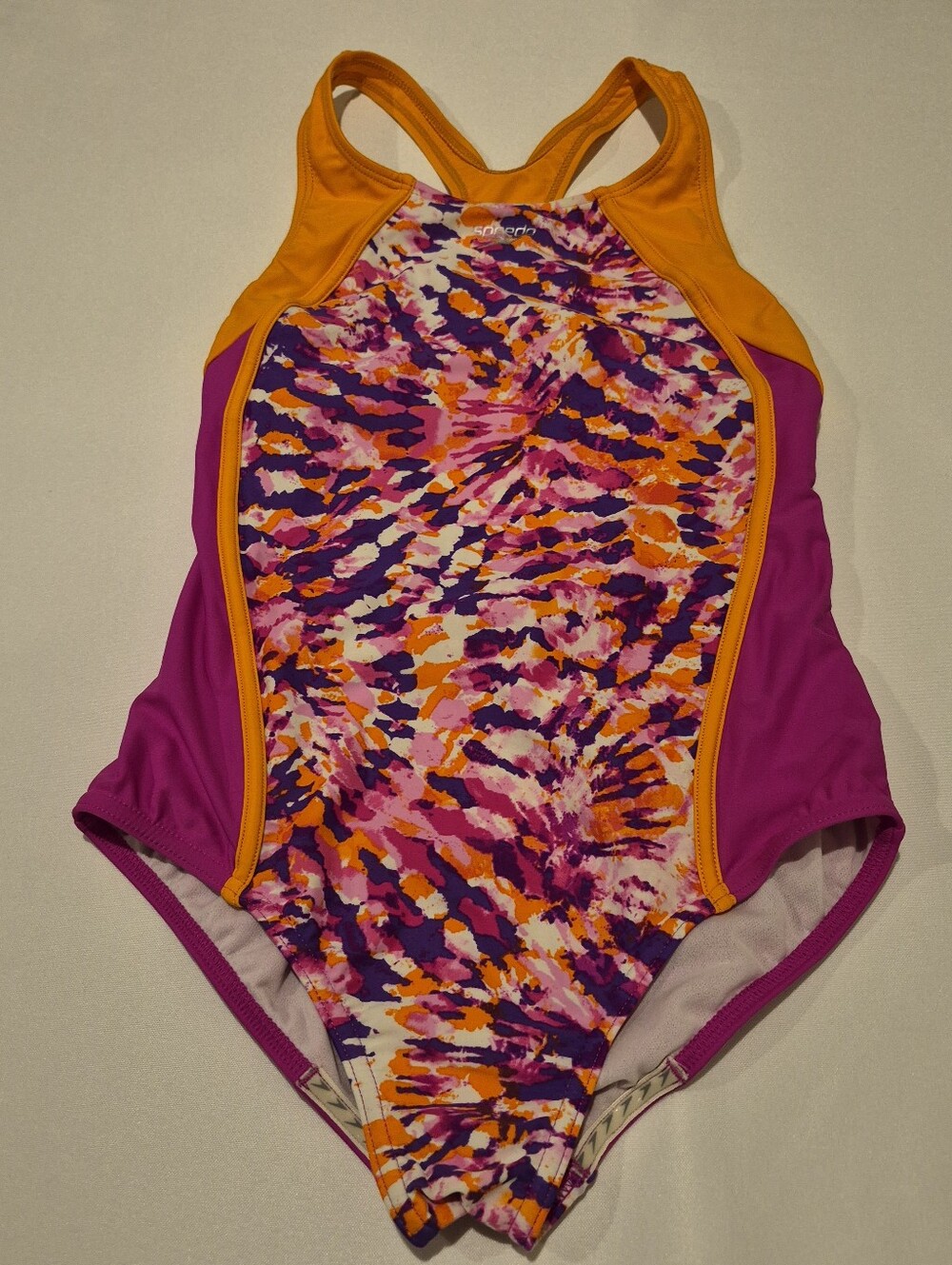 Speedo Tie Dye Swimsuit Girls 16 Racerback One Piece Swim Team Pink Sunburst